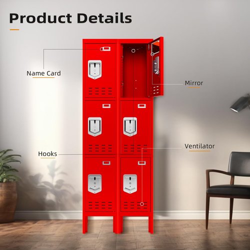 SAPITAL Metal Locker with 3 Doors Employees Locker, Metal Storage Locker with Hooks, 66" Storage Cabinet Lockers for Employees, Home, Office, Gym Requires Assembly (Red)