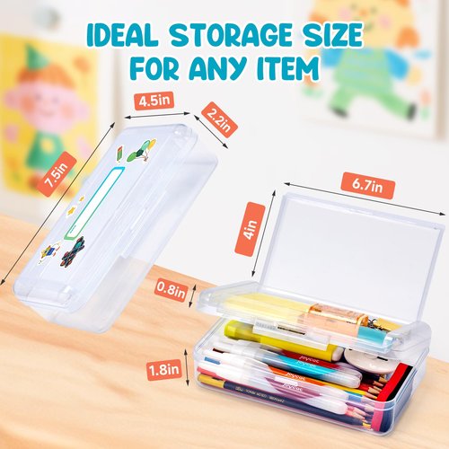 GAMENOTE Plastic Pencil Box with Personalized Sticker,Kids Large Hard Pencil Case with Snap-tight Lid,Clear Crayon Maker Organizer,Small Art Craft Storage Containers,School Supplies Box for Boys,Girls