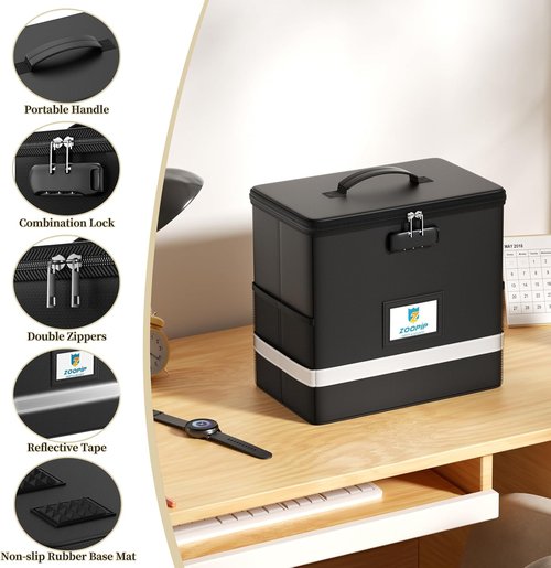 Fireproof File Box with Lock | Document Storage Organizer for Letter Size Folders | Collapsible Design, Black