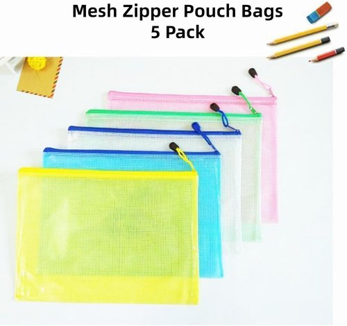 Mesh Zipper Pouch Bags - 5 Pack Waterproof Clear Storage Pouches | 13.2 x 9.4 Inch for Home, Office, Travel