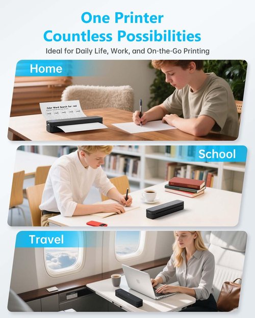 PRT Inkless Portable Printer for Travel, Wireless Thermal Printer Support 8.5 x 11 Inch US Letter A4 B5, Bluetooth Mobile Printers with iOS, Android, Laptop for Home Use, Car, Office, School, Black