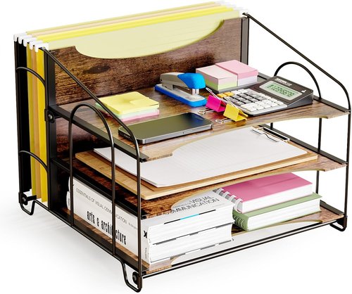 Oterri Wood Desk File Organizer - 3-Tier Metal Paper Tray with Folder Holders | Office & Home Use