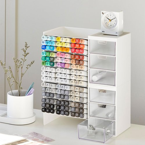 Stackable Marker Organizer With Drawer - 6-grid Inclined Pen Slot Desktop Stationery Storage Holder - Large Pencil Marker Desk Pen Organizer