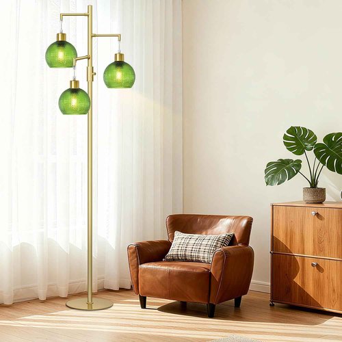 Duoled Glass Floor Lamp for Living Room, Modern Standing Lamp with Green Shade, 3 Lights Tree Lamp with 3 x 600LM Bulb, Dimmable Glass Tall Lamps for Bedroom
