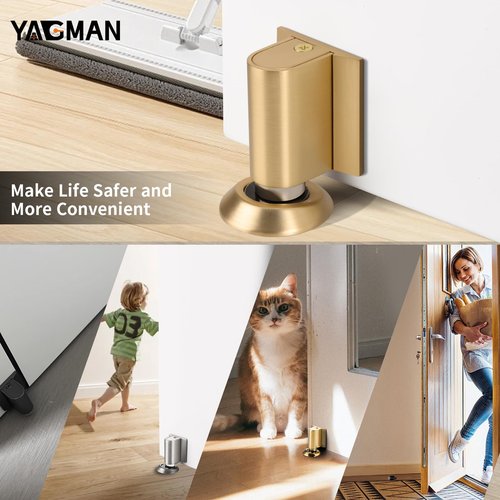 Yagman 3 Pack Magnetic Door Stoppers Retractable Bottom of Door Holder No Drilling Mount Floor Door Stop with Screws and Adhesive Catch Door Keep Door Open Brushed Gold BG-3