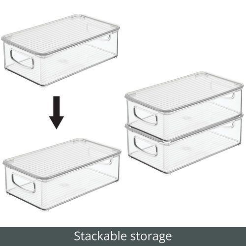 mDesign Plastic Storage Bin Box Container with Lid and Built-in Handles - Organization for Pens, Pencils, or Work Supplies in Home Office, Cabinet, or Desk Top, Ligne Collection - 4 Pack - Clear