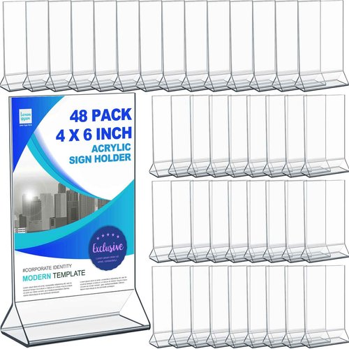 Sintuff 48 Pack Acrylic Sign Holder Clear Acrylic Display Stand Double-sided Acrylic Stands for Display 4 x 6 in Table Menu Acrylic Frame Paper Flyer Holder for Office Supplies Business Essential