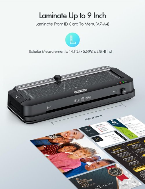SINOPUREN 9-Inch Thermal Laminator Machine, 3-in-1 Laminator with Built-in Paper Trimmer, Hole Punch & Corner Rounder, 10 Laminating Pouches, Fast 3-Min Warm-Up, Jam-Free for Home, Office, School