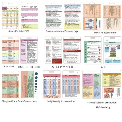 EMT/First Responder, EMS, Paramedic Vertical Badge Card Set - (9 Cards + Badge Reel)- EMT's, MRT's, Fire, Police, First Responders - Time Out Report, SOAP for PCR.