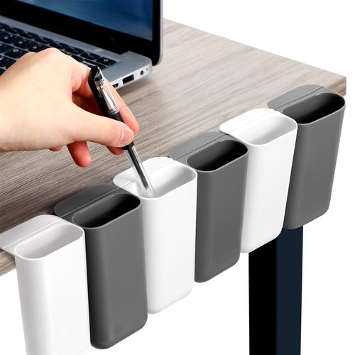 Resurhang 6 Pcs Screen Pen Pencil Holders Attachable Deskside Pen Holder Computer Monitor Desktop Pencil Organizer with Self Adhesive Attacher for Office Supplies Work Gadgets Storage(Gray, White)