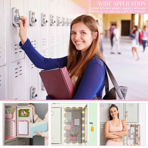 Colarr 19 Pcs Locker Accessories Kit Locker Stuff Back to School Essentials Magnetic Wallpaper Shelf Pencil Holder with Marker Mirror Rug Sticky Note Magnet LED Wireless Light Lock for Student(Pink)