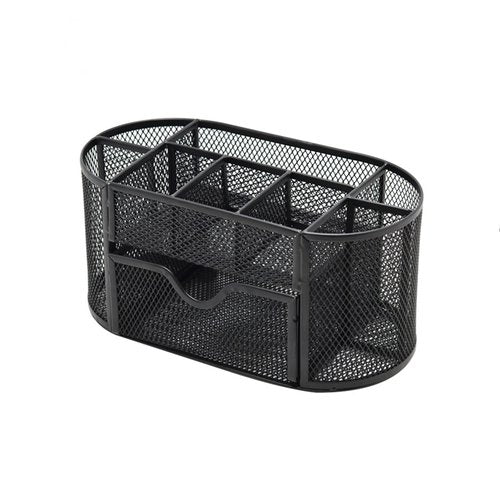 Rkqoa Black Mesh Desk Organizer Desktop Office Supplies with 9 Compartments, Office Desktop Organizer with Drawer, Metal Pen Holder Stationery Caddy Multifunctional Organizer for Desk Organization