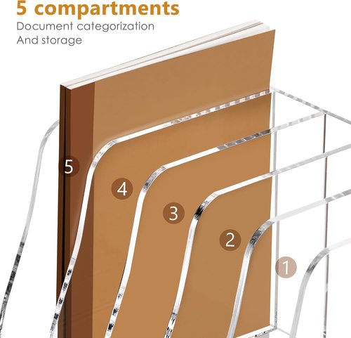 SANRUI Acrylic Desk File Organizer - Clear Magazine Holder with 5 Vertical Compartments for Office Storage