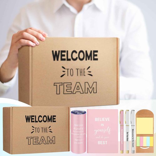 Teenyyou 7 Pcs New Employee Welcome to the Team Gift Set Welcome to the Team Gift Box Include 1 20oz Tumbler 1 Notebook 3 Pens and 1 Sticky Note Gifts for New Employee Worker(Pink)
