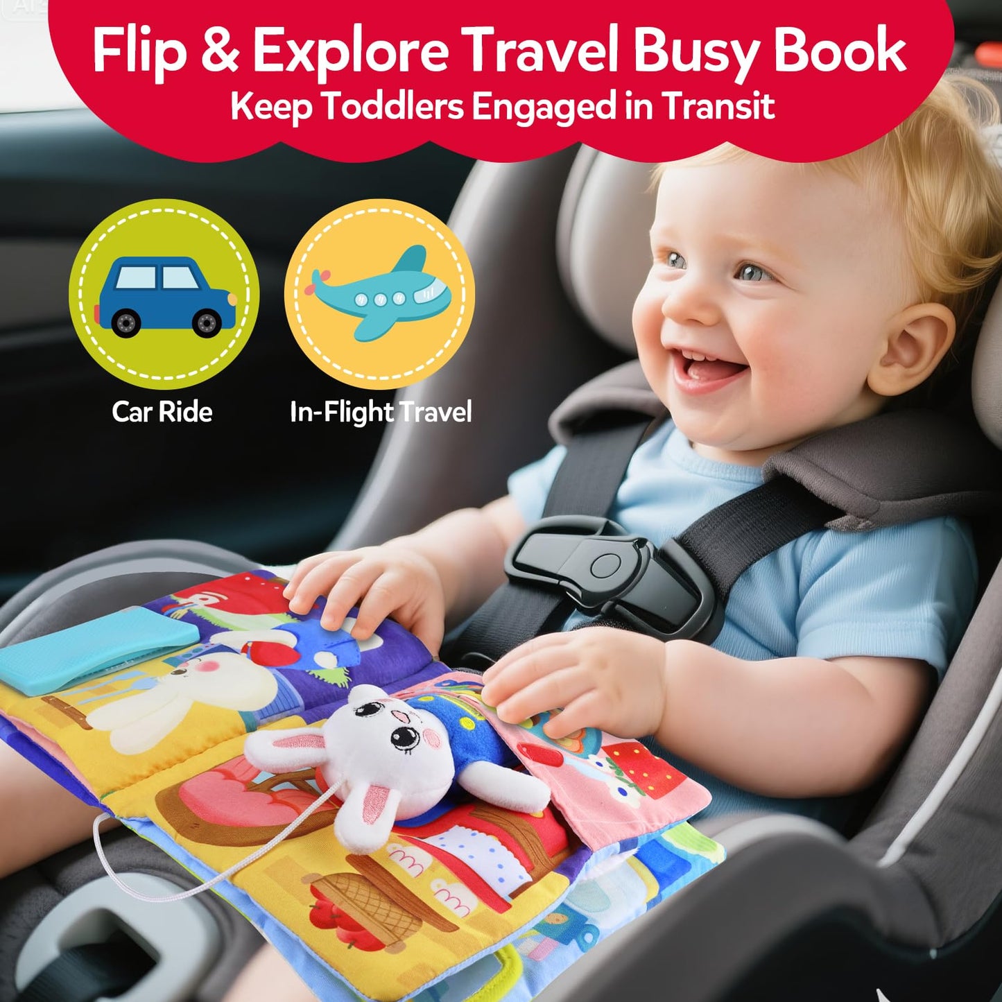 CuteZone Busy Book for Toddlers 1-3, Toddler Travel Toy and Montessori Quiet Book with Attached Bunny, 12 Fine Motor Activities Gifts for 1 Year Old Boys Girls Birthday Gift