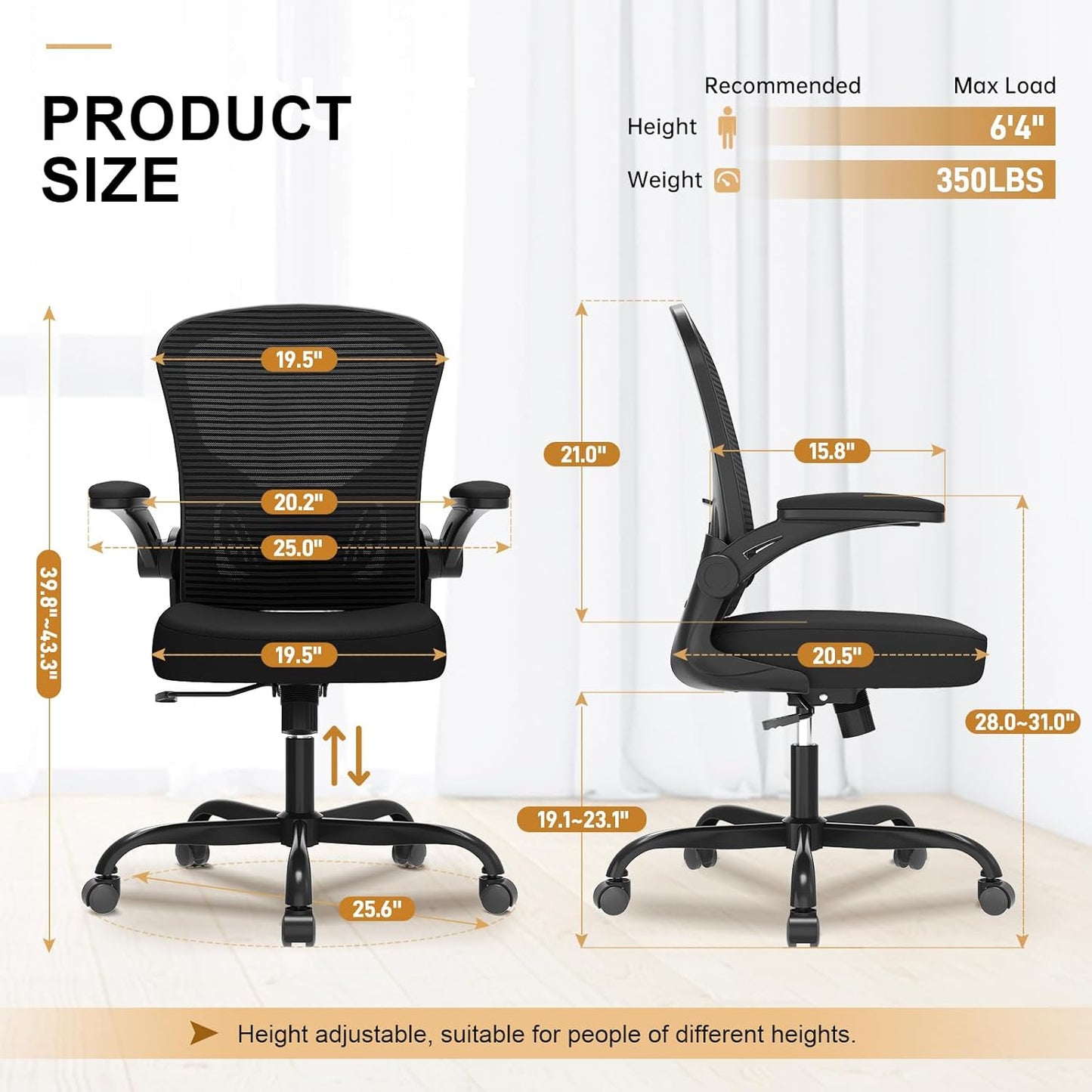 Skiennix Ergonomic Office Chair - High Back Mesh Design | 330LBS Capacity, Adjustable Lumbar Support, Flip-Up Armrests