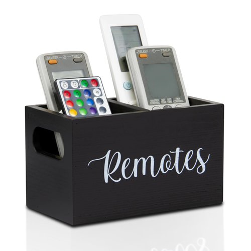 Black Wooden Remote Control Holder for Table, TV Remote Holder, 2 Compartments Ash Wood Remote Organizer Caddy with Handle, Wooden Remote Box for Nightstand,Living Room Office, Office Desk, Side Table