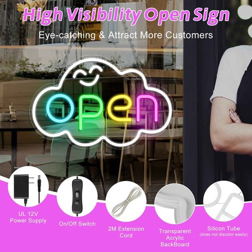 Super Bright Open Signs for Business, 16.5"x 10.2" LED Open Neon Sign, Electric Light up Sign with 12V Adapter & ON/OFF Switch, Rainbow Open Sign LED for Window Stores Restaurants Offices Shops Bar Cafe