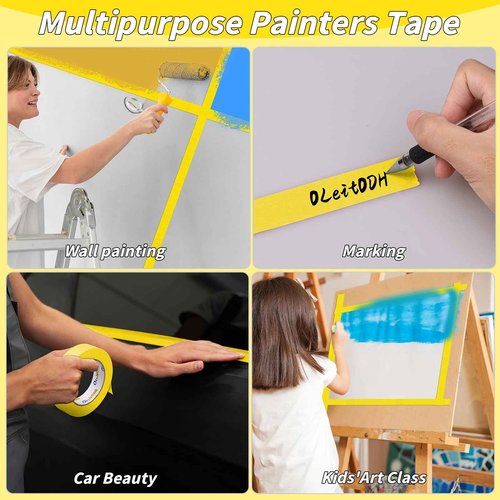 Oleitodh 12 Rolls Yellow Painters Tape Bulk 2 inch x 660 Yards, Painters Masking Tape No Residue Wall Painting Tape Artist Tape Trim Edge Finishing Tape for Wall Painting Decoration DIY Supplies