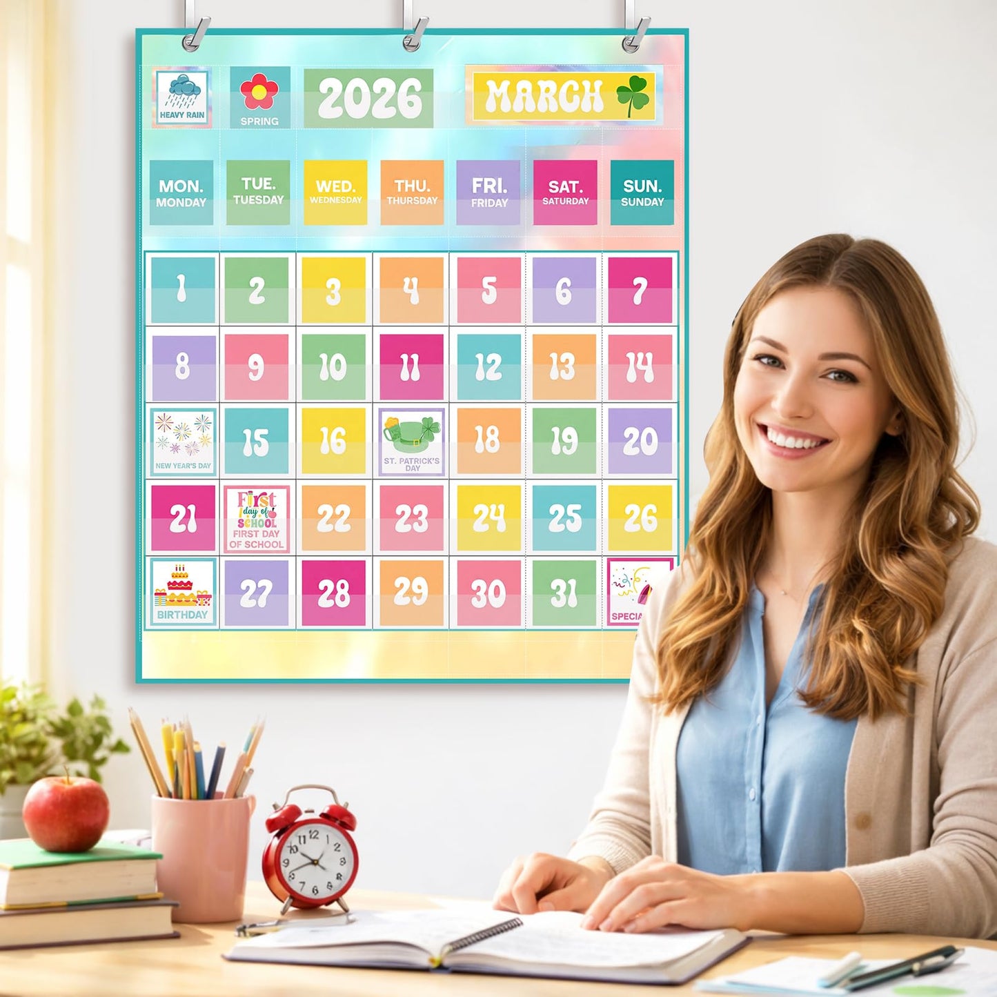 Tinlade Classroom Calendar Pocket Chart Set with 115 Cards 24 x 28 Inch Rainbow Pastel Calendar Bulletin Board Pocket 2026-2033 Festival Weather Teacher Supplies for Back to School Wall Decoration