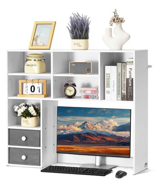 VEVOR 3-Tier Desktop Bookshelf, 37" x 10" x 31.1" Office Storage Rack, Modern Style, Melamine Finish, Heavy Duty, 3 Shelves, Large Capacity, Easy Assembly, Wall Mountable, White