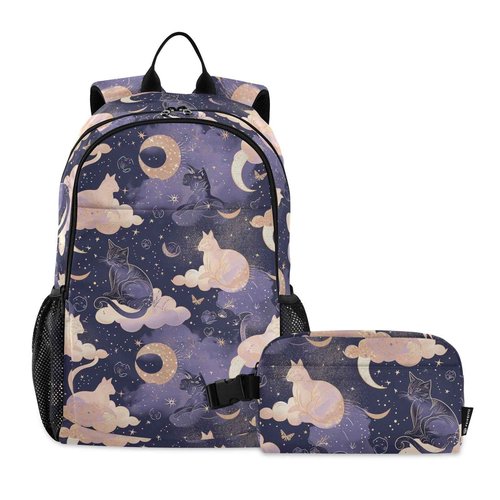 ALAZA Cat Moon Star Witchy Backpack and Lunch Bag Set Back Pack Bookbag Cooler Case Kits