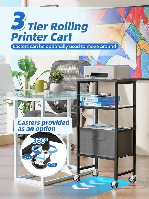 Printer Stand with Storage Shelves and Fabric Drawer, 4-Tier 11.8" D x 16" W x 32" H Printer Table, Side Table Desk for Home Office, Metal Shelf Holder for Fax Machine, Scanner, Black
