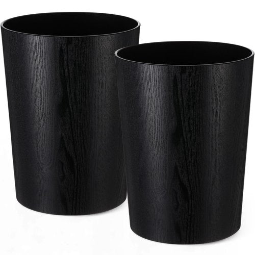 Threehoney 2 Pack 2.3 Gallons Wood Trash Can Wastebasket Natural Wood Round Wastebasket Small Trash Bin for Home, Office Under Desk, Kitchen, Bedroom, Hotel, Room(Black,Flat)