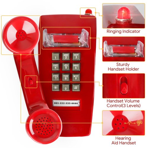 Sangyn Retro Wall Phones for Landline with Mechanical Ringer Corded Telephone Wall Mounted with Indicator Waterproof Old Style Landline Phones for Home Kitchen, Red