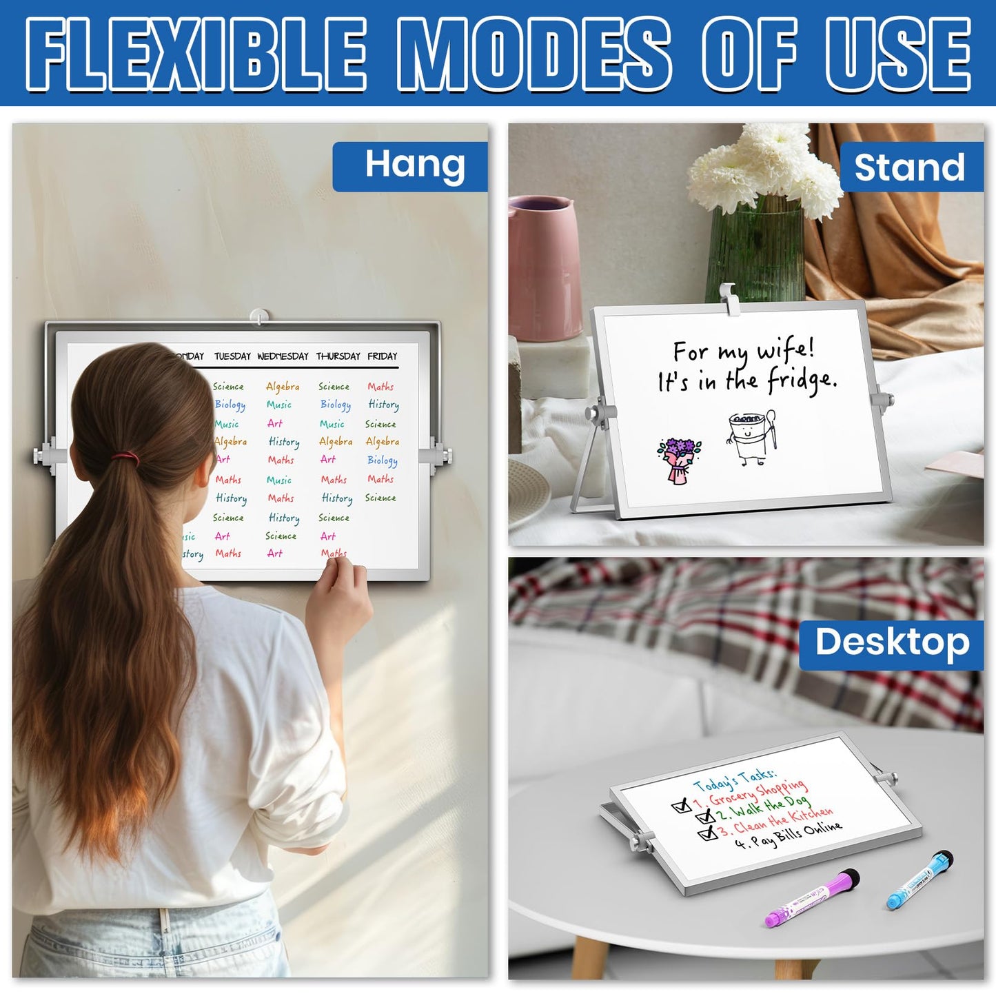 Grtard Magnetic Dry Erase White Board with Stand, 12''x8'' Double-Sided White Board, Desktop Whiteboard with Stand, Magnetic WhiteBoard Portable, Dry Erase Board for ToDo, Drawing
