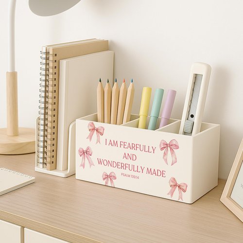 FISWAFY Pink Coquette Bow Christian Pen Pencil Holder for Desk, Christian Gifts for Women, Psalm 139:14 Bible Scripture Makeup Brush Toothbrush Holder for Vanity Girly Bedroom Bathroom