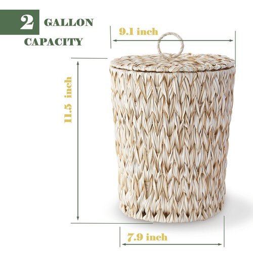 YOKOMI Plastic Wicker Trash Can with Lid - 2 Gallon Small Garbage Can with Removable Liner Bucket for Bedroom, Bathroom, Living Room - Boho Hand Woven Waste Basket for Home, Office, Beige