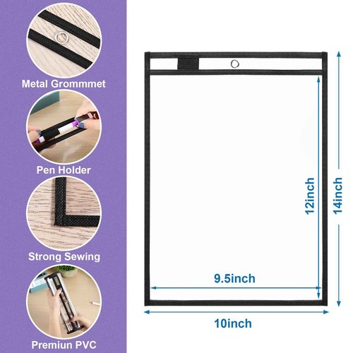 Nezyo Dry Erase Pockets Plastic Job Ticket Holders Shop Holder Order Pockets Clear Sleeves Tickets Folders Plastic Sleeves Paper Teacher Supplies for Classroom (14 x 10 in,Black,50 Pcs)