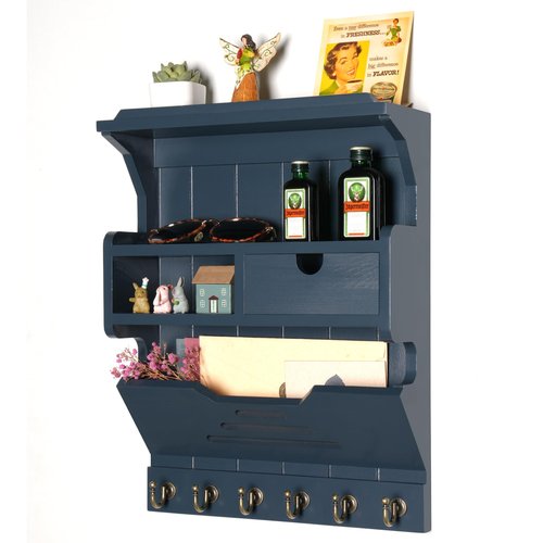 HEKFL Wall Mail Organizer with Storage Drawer and 6 Hooks, Easy Install Key Rack for Entryway and Home Decor, Luxury Gray