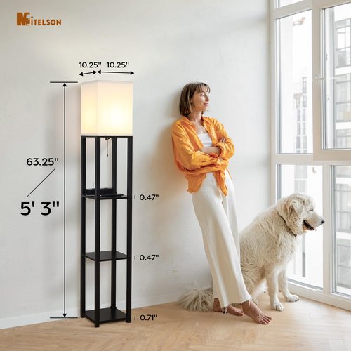 MITELSON Floor Lamp with Shelves and USB, USB-C & Power Outlets, Shelf Lamp with Charging Station, Modern Square Lamps for Living Room, Standing Floor Lamp for Bedroom and Office, Tall Lamp, Black