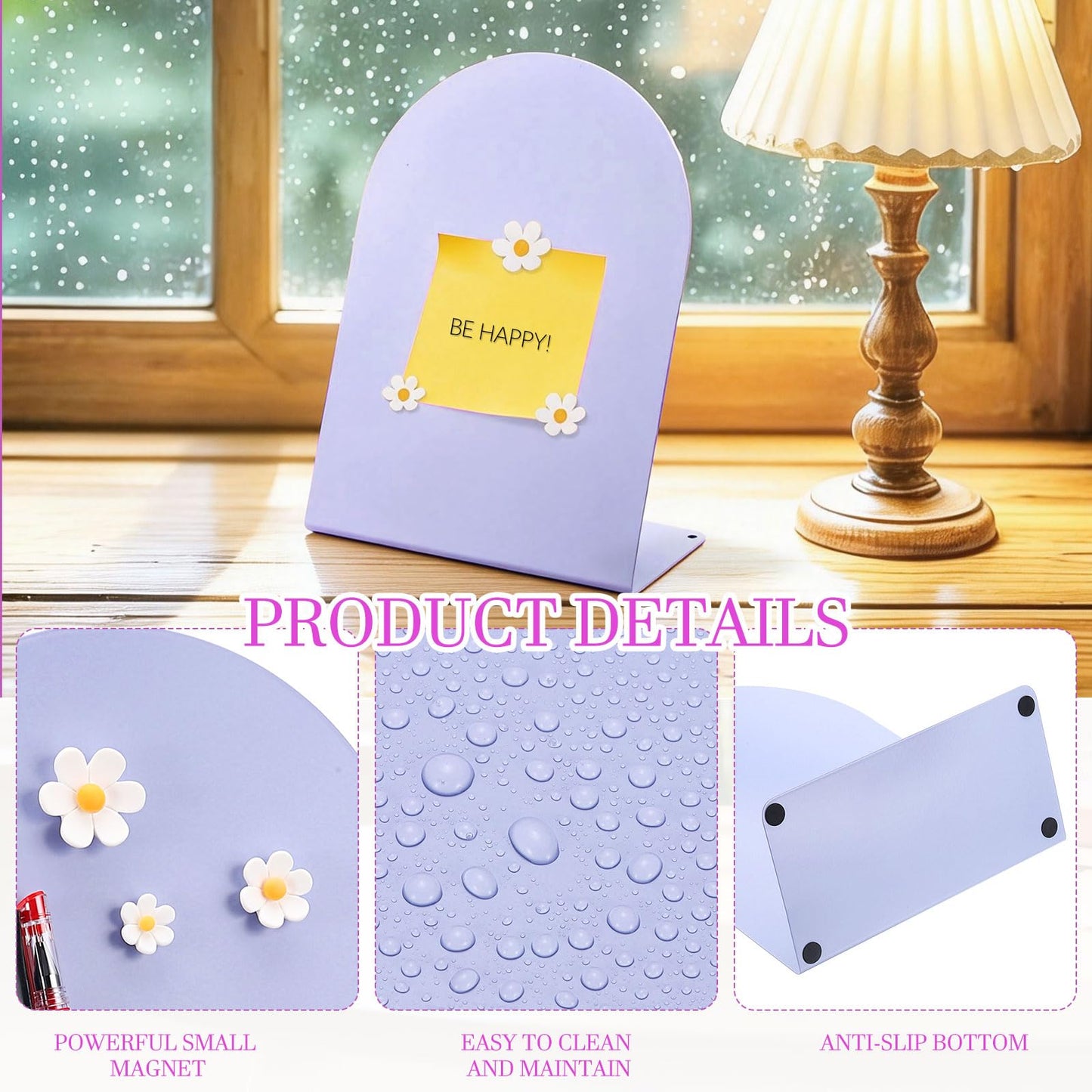PATIKIL Magnetic Bulletin Board, Memo Magnet Display Stand Board with 3 Flower Magnets for Home Office Kitchen Restaurant Cafe Supplies, Purple/White