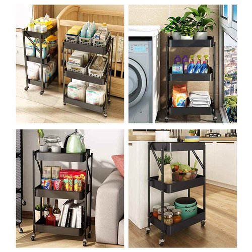 XIWODE 3 Tier Folding Metal Rolling Cart with Wheels,Black Mobile Organizer Service Cart for Kitchen Bathroom Office,No Assembly Need Trolley Shelf