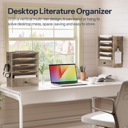 HOOBRO Wall File Organizer - Stylish Wooden Mail Sorter with Drawer Storage & Hooks | Greige Finish