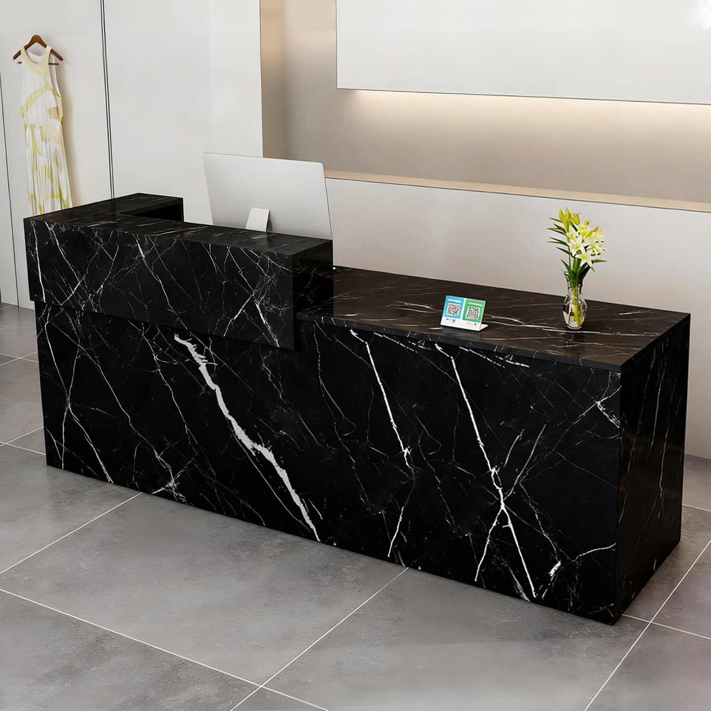 Modern Reception Desk with Drawer & Open Shelves, 39-95 Inch Front Counter Table, Computer Workstation Suitable for Salons, Offices, Lobbies, Retail Stores and Home Offices