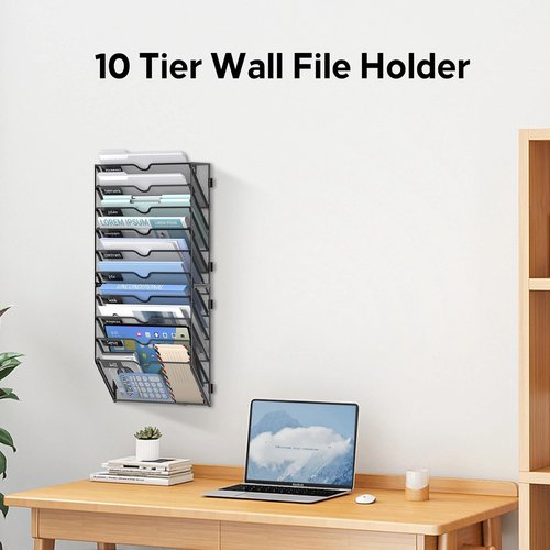 JMHUD 10 Tier Wall File Organizer Office Hanging Mail Holder Wall Mounted, Mesh Paper Document Organizer for Office Home School, Black