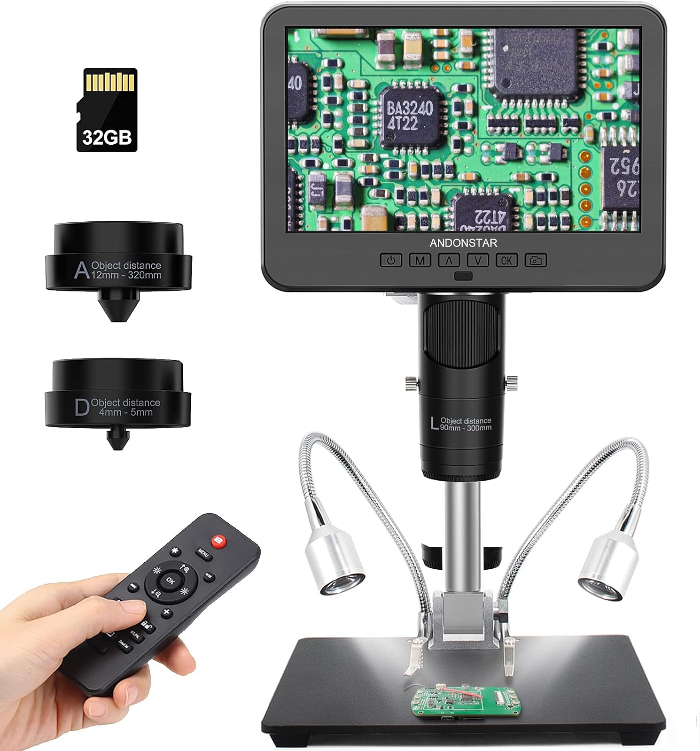 Andonstar AD246S-M HDMI Digital Microscope - 2000x Magnification, 2160P UHD Video, 7-Inch LCD Display, Pro Boom Arm Stand