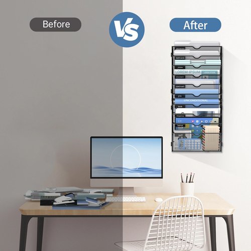 JMHUD 10 Tier Wall File Organizer Office Hanging Mail Holder Wall Mounted, Mesh Paper Document Organizer for Office Home School, Black