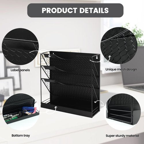 WOMACO Magnetic File Organizer, 4 Tier Large File Folder Holder for File Cabinet, Heavy Duth Magnet Wall Paper Mail Holder for Home Office Whiteboard (4-Tier Black)