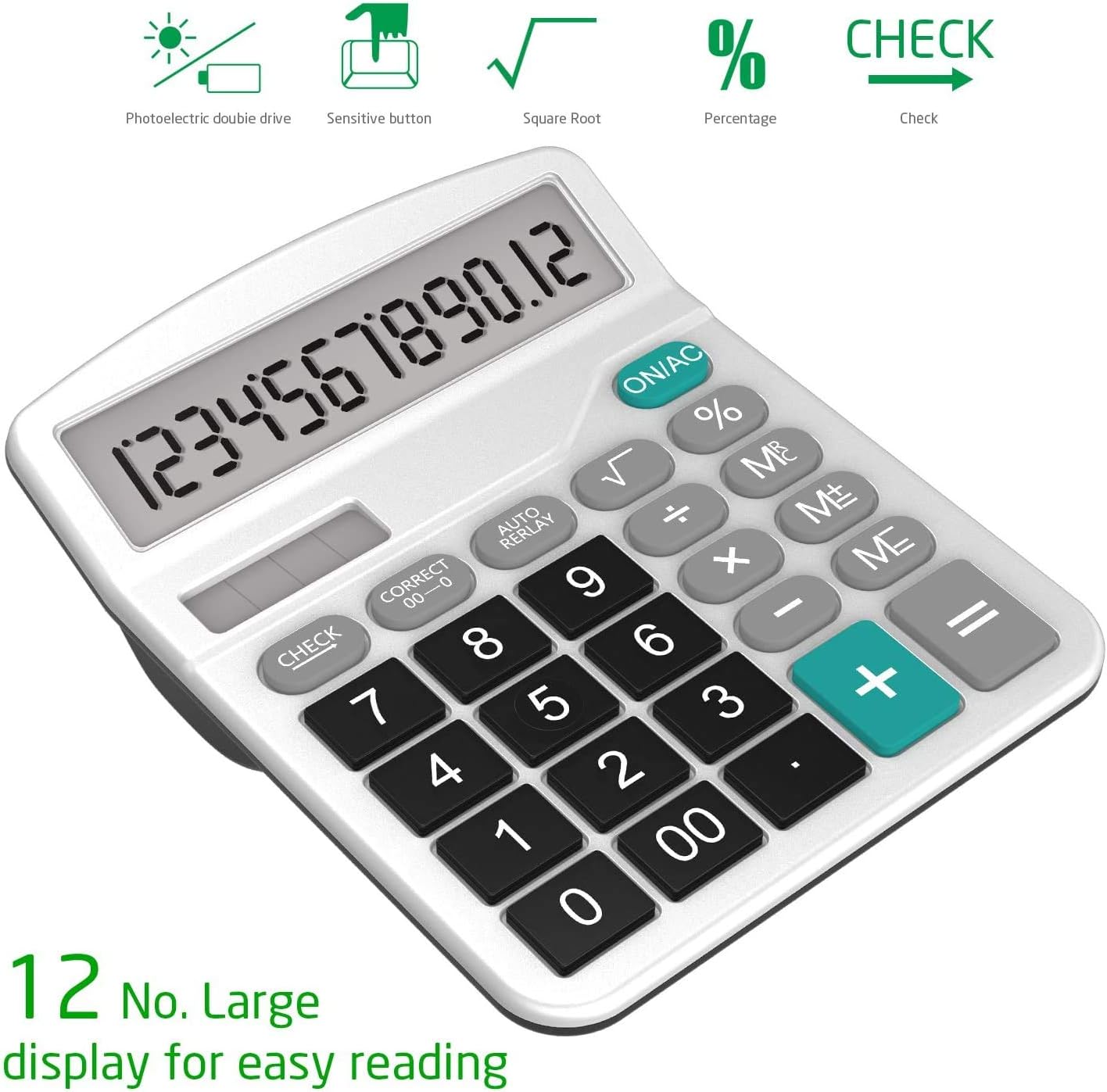 Splaks Desktop Calculators - Dual Power Solar & AA Battery | 12-Digit Large Display (Black & Silver)
