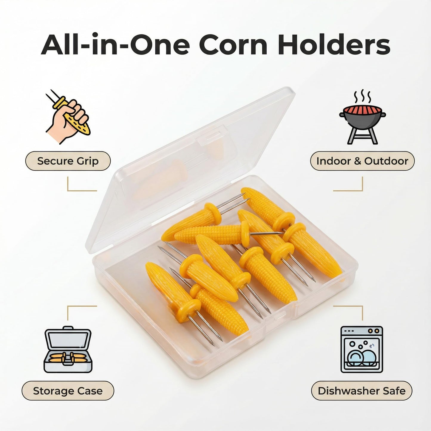 Stainless Steel Corn Holders 10 Packs with Heat-Resistant Handles & Case, for BBQ Camping Picnic, Dishwasher Safe Corn Cob Forks Skewers Kitchen Tools