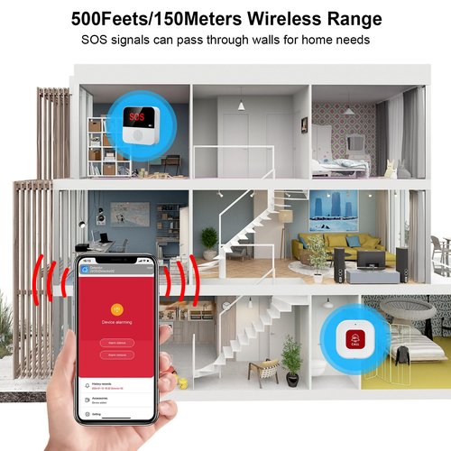 Chatthen WiFi Pager, Caregiver Pagers Life Alert Systems for Seniors no Monthly Fee, 1 Receiver and 1 SOS Panic Button & 1 Watch Pager, Compatible with Tuya Smart/Smart Life APP