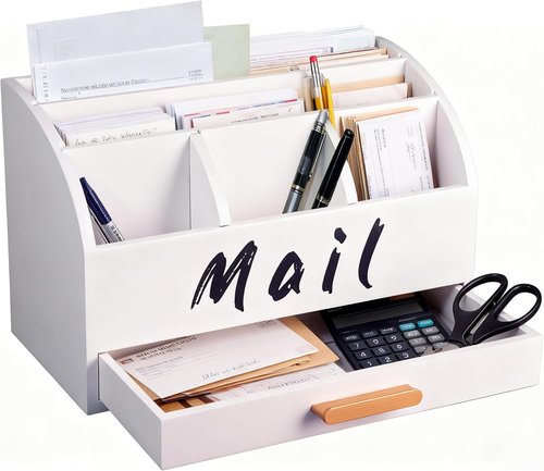 Goprety Mail Organizer - Wooden Desktop Bill Holder with Drawers for Home & Office Management