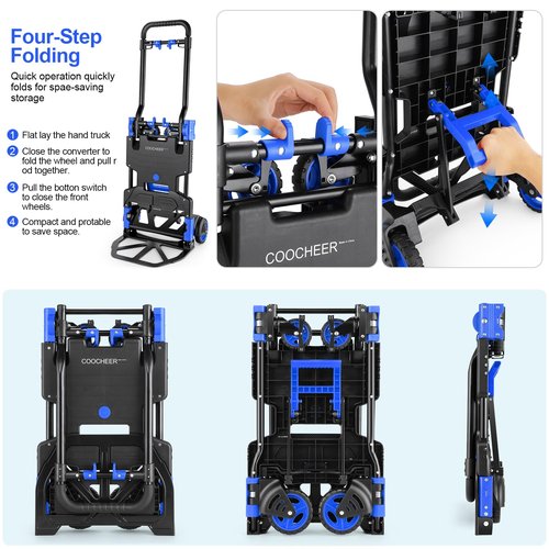 330LB Folding Hand Truck Moving Dolly, Hand Trucks Heavy Duty Combination of 4 Wheels and 2 Wheels Convertible Dolly Cart with Retractable Handle Dolly for Moving Office Carts(Blue)