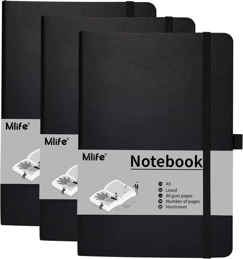 Mlife A5 Lined Journal Notebook - College Ruled, 196 Pages, 5.75" x 8.38", Hardcover - 3 Pack Black