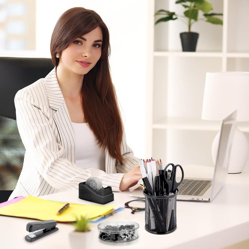 17 in 1 Black Desk Organizers and Accessories Set, 3 Office Desk Supplies Storage Organization, 4 Pens, Stapler, Staples & Remover, Tape & Dispenser, Scissors, Ruler, Clips, Hole Punch, Back to School